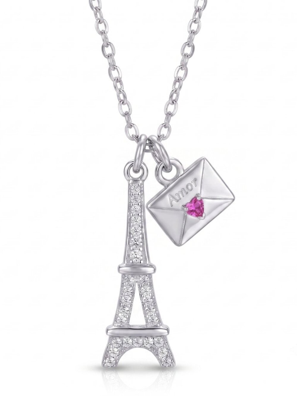 Paris Eiffel Tower and Amour Love Letter Necklace, 925 Sterling Silver